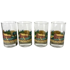 Crisa Libbey Juice Glasses 8 Oz Farmhouse Barn 4” Set Of 4 Vintage