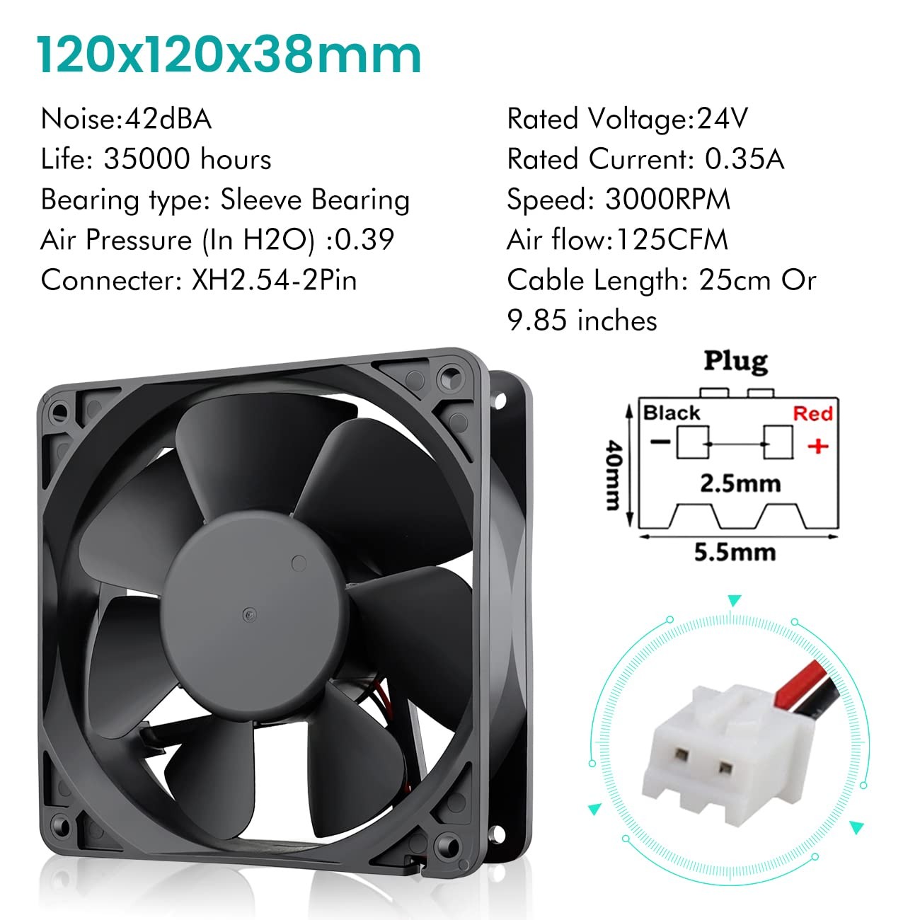 Wathai 120x120x38mm 24V 2Pin Brushless DC 120mm Industrial Cooling Case Fan