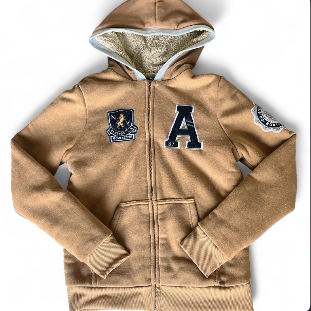 Aeropostale Woman’s Tan Fleece Full Zip Hoodie S Sherpa Lined Patch Logo