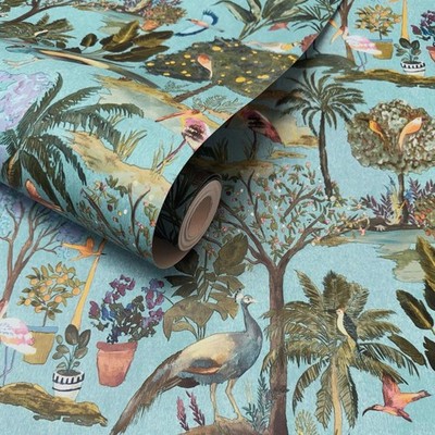 World of Wallpaper WOW177 Teal Blue Paradies Garten Tapete Bäume Floral Vögel
