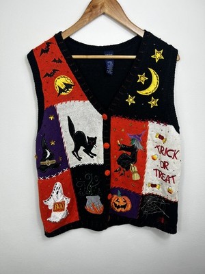 Vintage schwarz Halloween Kürbis Katze Geist Hexe bestickt Strickweste groß 