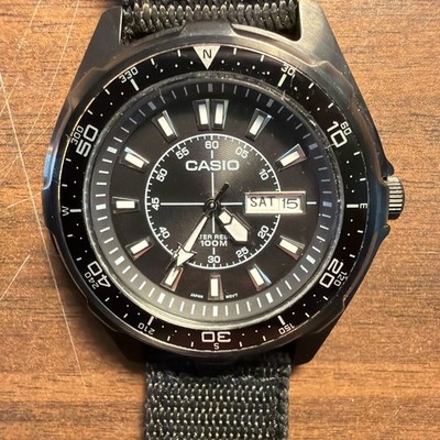Casio AMW-710 Analog Watch 100M Day Date Black Diver Style 46mm With Loom