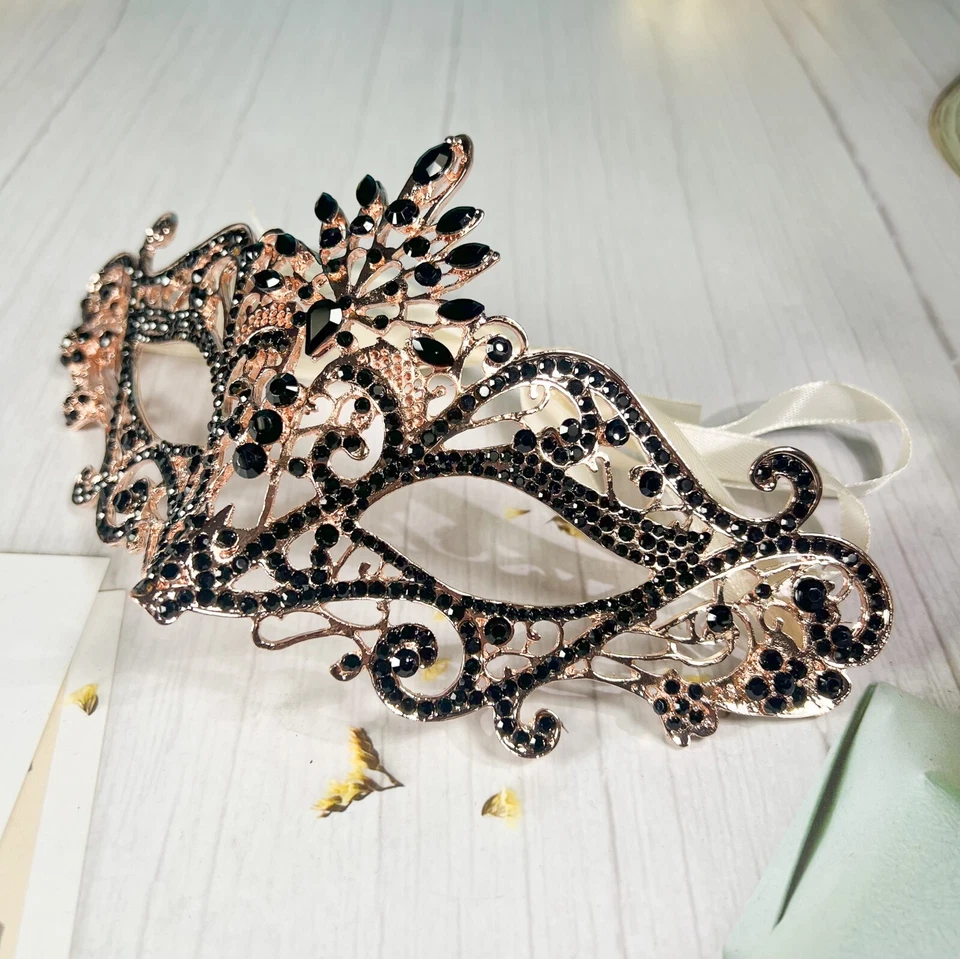 Masquerade Mask Luxury Black Crystal, Rhinestone Gold Mask, Black Diamond Mask - Image 2 of 3