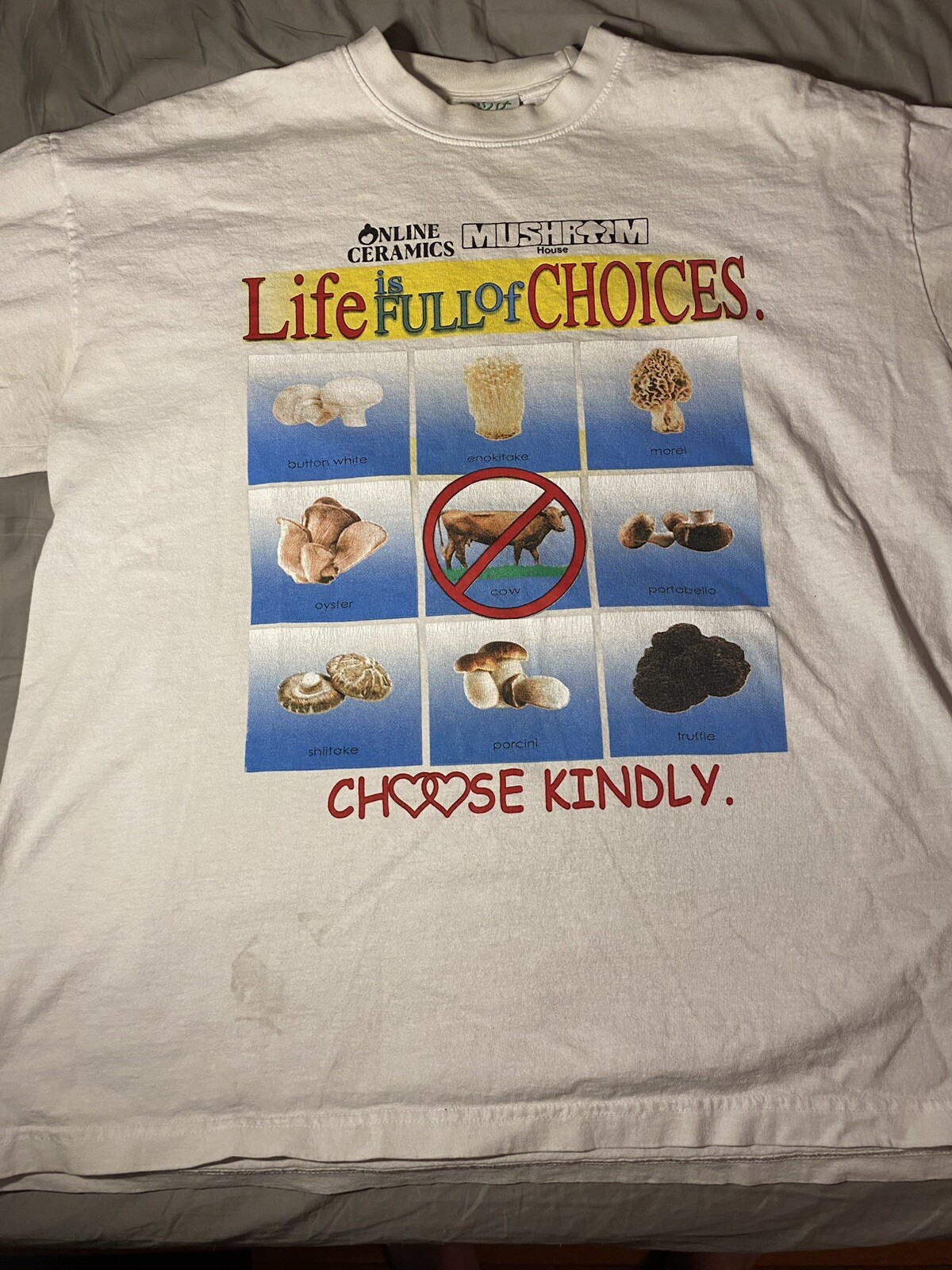 Online Ceramics Eat Mushrooms Graphic White T-Shirt in XL Size  -image