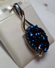 20X15mm Oval Blue Druzy Twisted Elongated 2-Tone Sterling Silver Pendant 2756