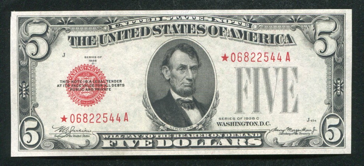 FR. 1528* 1928-C $5 *STAR* RED SEAL LEGAL TENDER UNITED STATES