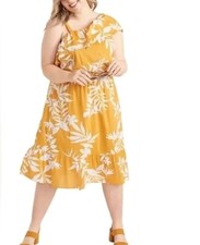 OLD NAVY Tropical Hibiscus Ruffle Midi Dress One Shoulder 3X Mustard Yellow