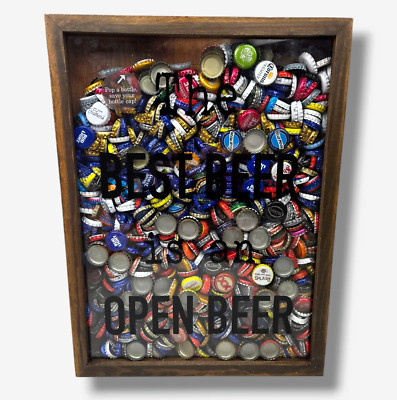 Beer Cap Shadow Box 100's of Caps Pre-Filled In Wood & Glass Holder  18'' X 13''