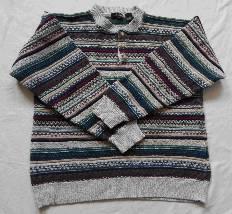 Green White Red Striped Henley Neck Sweater - Large Mens Pullover Cotton Vtg - Image 4 of 4