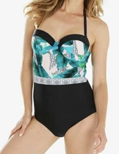 Simply Yours Swimsuit Black Green White Size 34C 12 Padded Strapless Bandeau New
