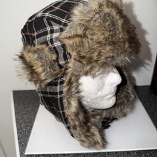 Trapper Hat Faux Fur Winter Weather Unisex One Size Plaid w Ear Flaps