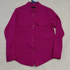 Ivanka Trump Womens Blouse Size Small Fuschia Pink Roll Tab Sleeves Gold Accents