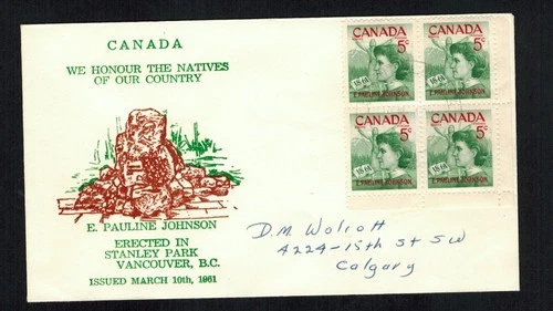 Canada #392, 1961 5¢ Pauline Johnson block, Grover thermal cachet FDC