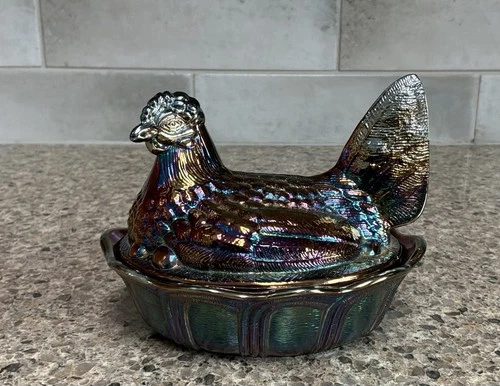 Fenton Carnival Glass  Hen On Nest 5” Plum Amethyst Vintage