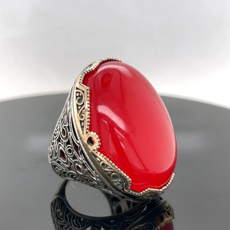 Anillo de plata llamativo de jade rojo para hombre estilo otomano hecho a mano anillo de piedra Foto 2 de 4