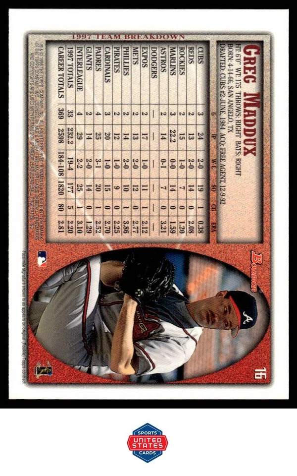 1998 Bowman Chrome #16 Greg Maddux Baseball Card - Image 2 of 2