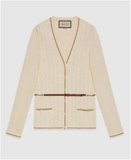 GUCCI Beige Wool-Cotton Cable-Knit Belted Relaxed Fit Cardigan Sweater Size XS
