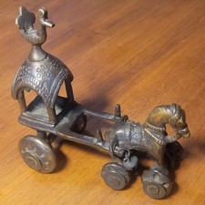 Antique Brass Horse Pulling Chariot Carriage Hindu Temple Toy