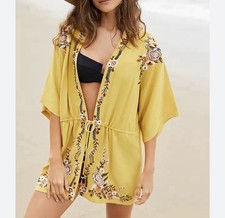 Anthropologie Duet M Yellow Embroidered Beaded Tie Kaftan Swim Beach Cover-Up