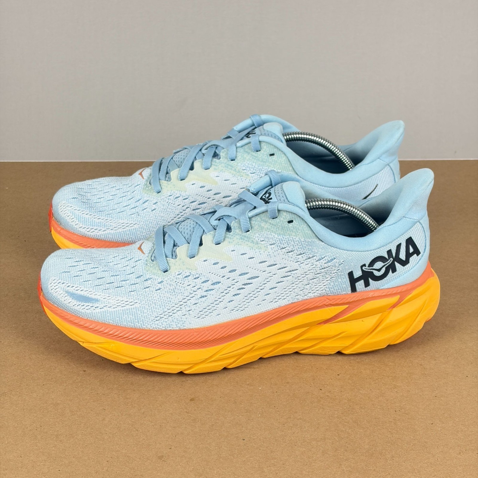 Hoka Clifton 8 Athletic Running Shoes Womens 10 Blue Orange Low Top Lace Up