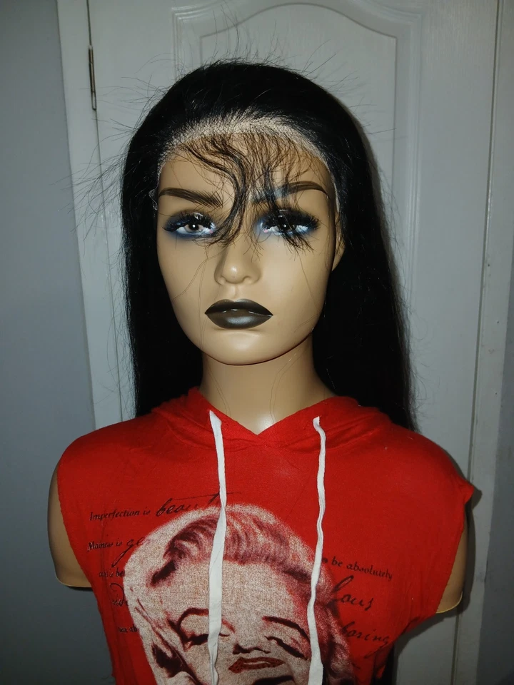 Peluca sintética recta negra 32 pulgadas sin pegamento 9×6 encaje frontal Foto 2 de 4