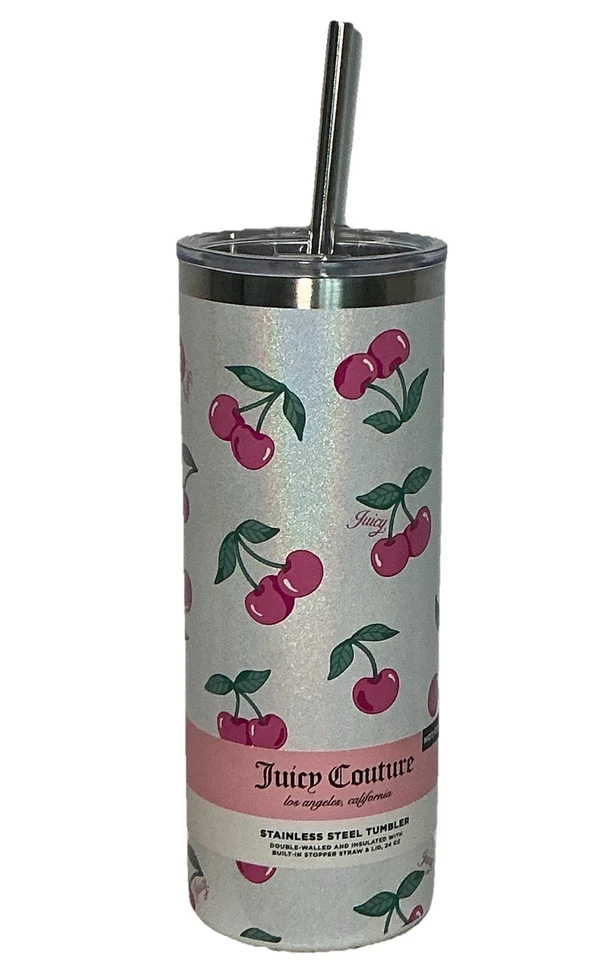 Vaso holográfico de acero inoxidable con pajita Juicy Couture 24 oz cereza Foto 2 de 4