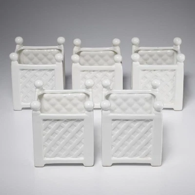 VTG Mid‑Atlantic Pottery White Cachepot Planters Woven Lattice Fence Square 5pc - Image 1 of 4