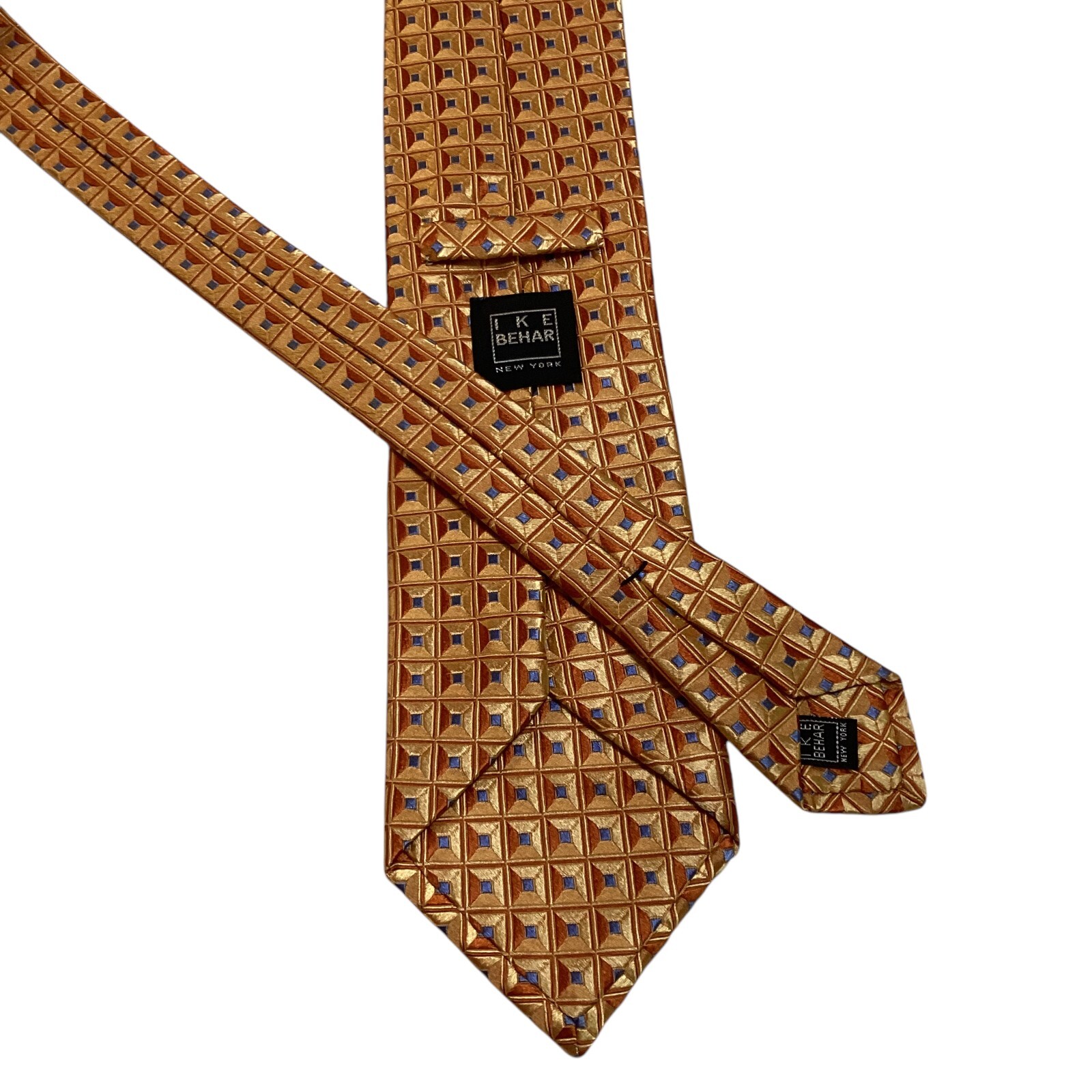 IKE BEHAR New York Men's Silk XL Necktie USA Designer Geometric Orange/Blue EUC