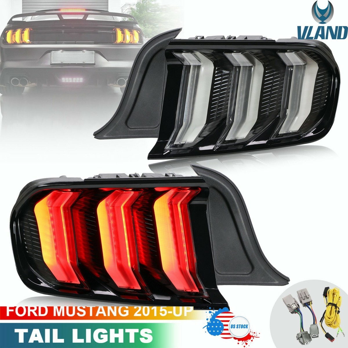VLAND Full LED Taillights for Ford Mustang 2015-20 CLEAR Lamp 