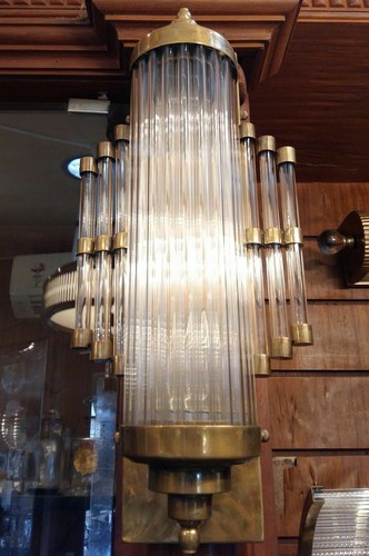 Antique Vintage Art Deco Brass & Glass Rod Ship Light Fixture Wall Sconces Lamp