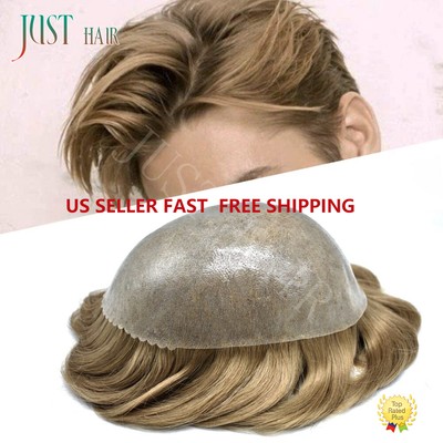 Mens Hair Replacement Full Poly Skin Toupee Human Hairpieces PU System Wig US