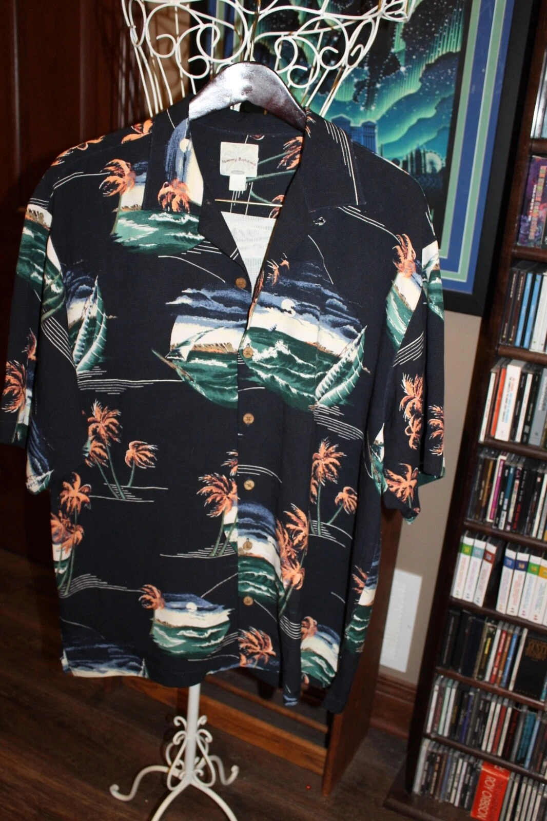 Tommy Bahama Relax Woven Camp Shirt Silk Palm Tree Beach scene Mens L (b154)