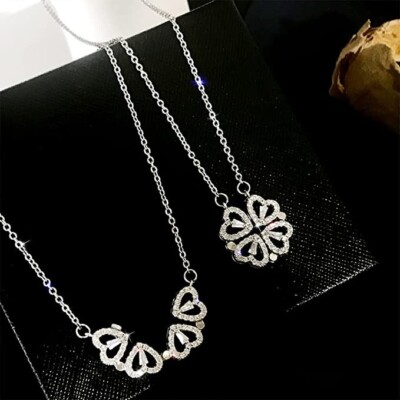 Silver Four Leaf Clover Magnetic Folding Heart Crystal Pendant Necklace- Elegant