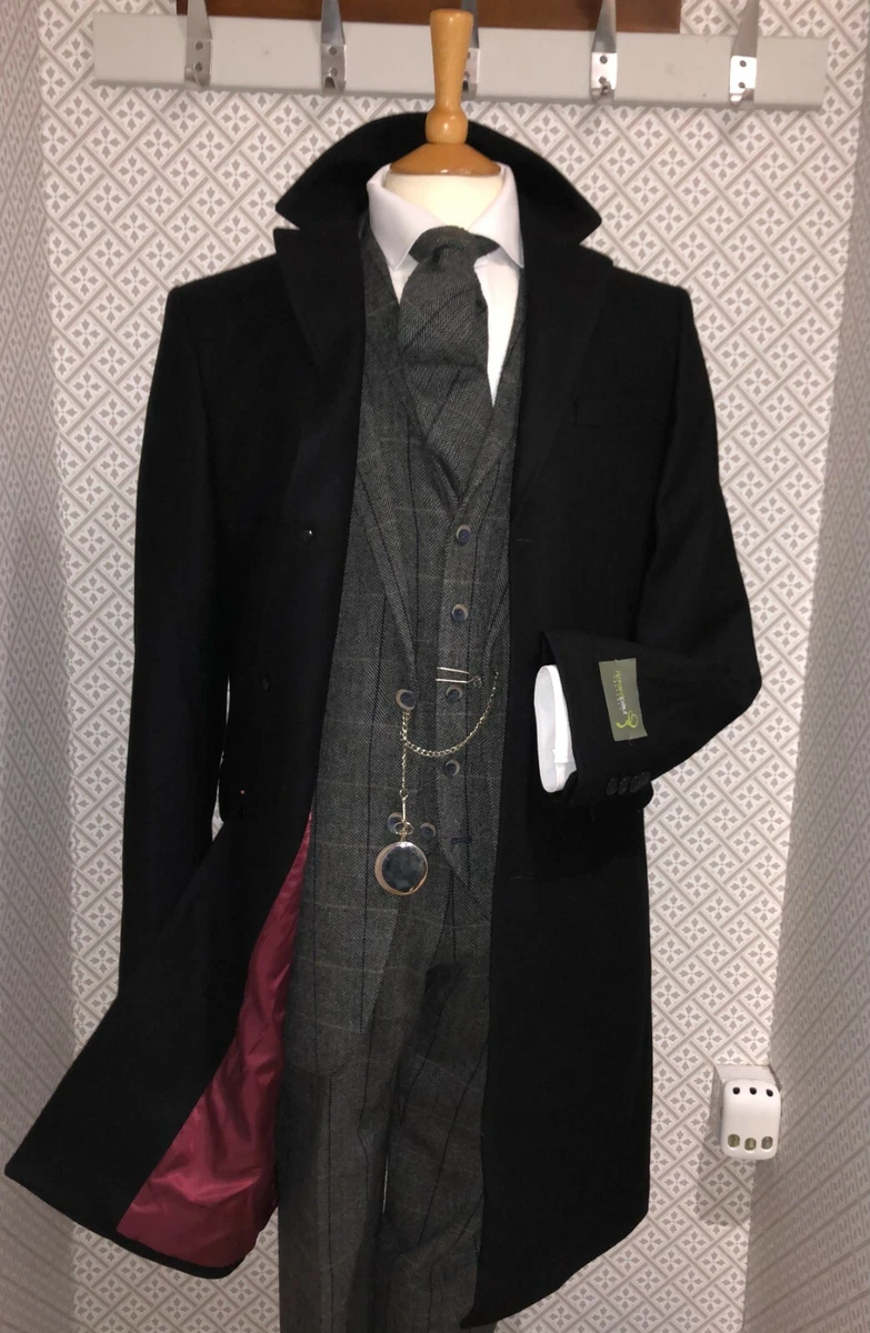 Black Coat Wool Blend Overcoat Funeral Director Warm Day Coat Mens