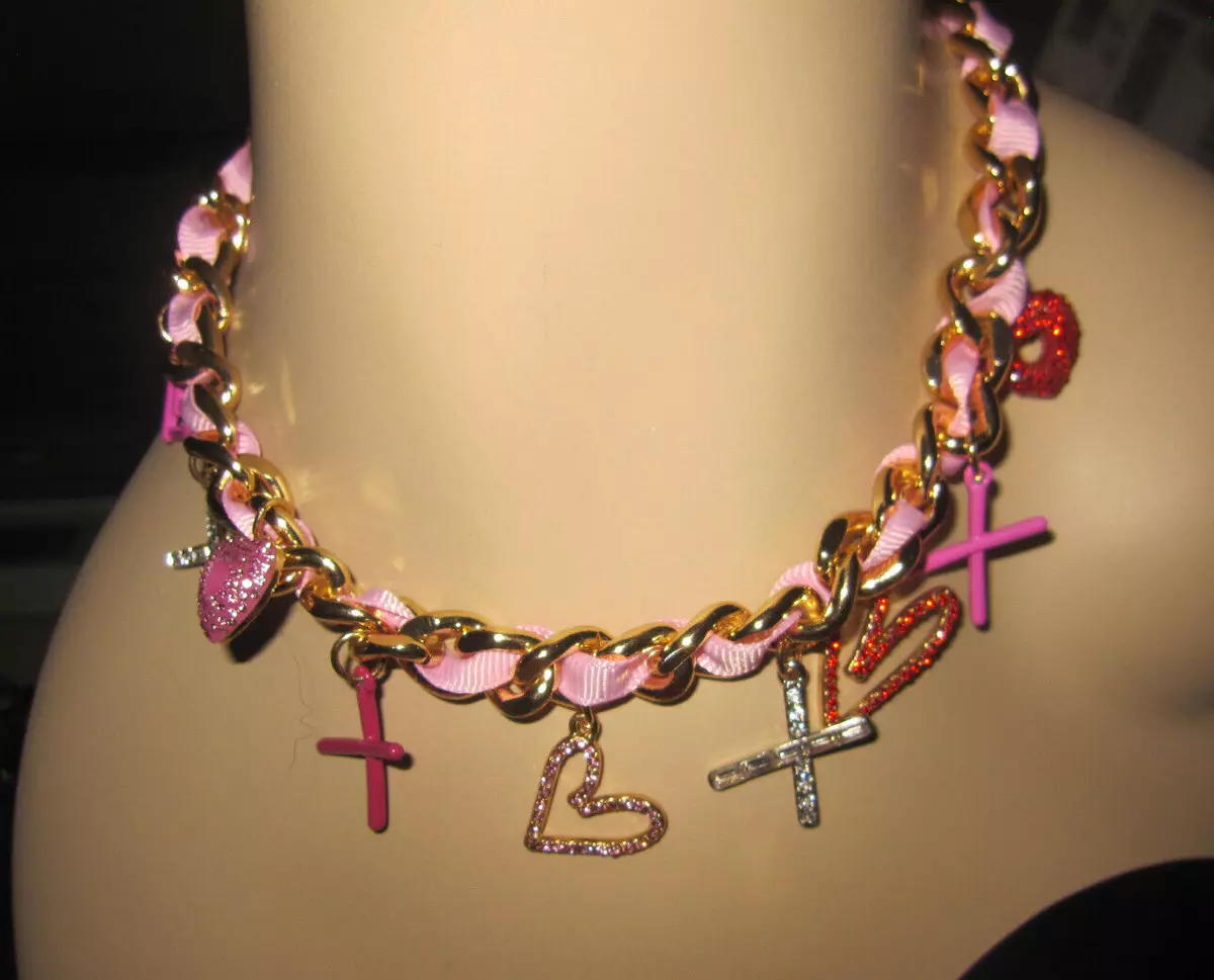 BETSEY JOHNSON PINK RIBBON WITH CHARMS XO NECKLACE eBay
