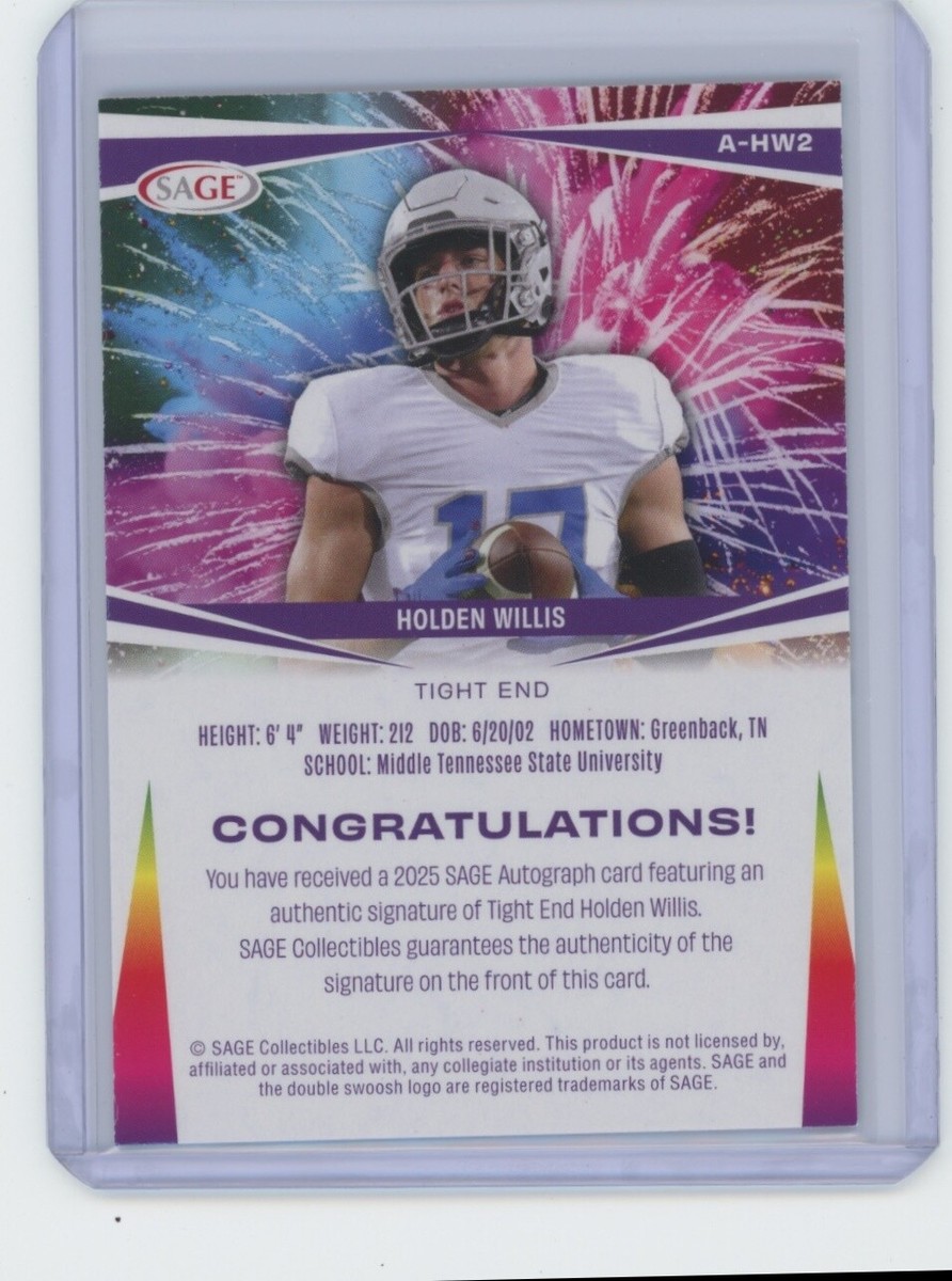 Holden Willis Autographs Blue 2025 Sage Football #A-HW2 | eBay