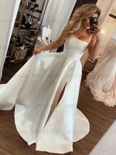 Simple Satin Wedding Dresses Spaghetti Strap Long Pleated Bridal Gown Side Split