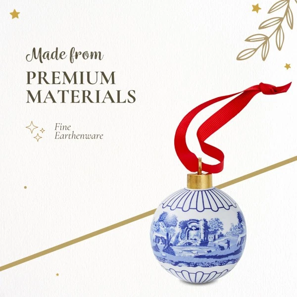 Spode Blue Italian Full Scene Bauble, Festive Porcelain Ornament with Red Ribbon - Image 4 of 4