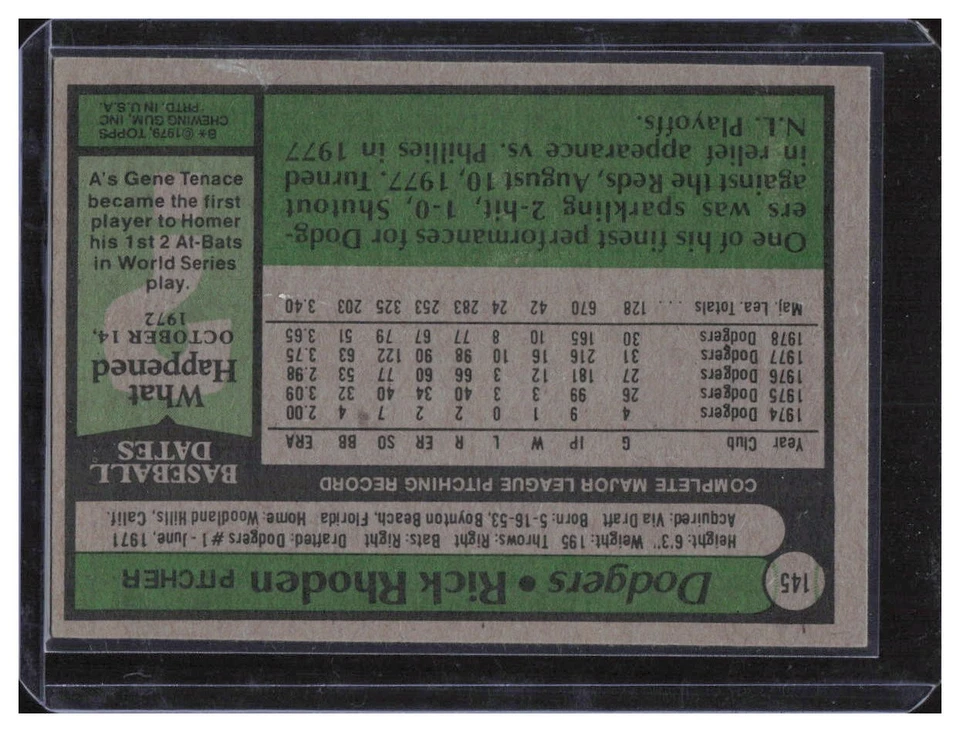 1979 Topps #145 Rick Rhoden - Image 2 of 2