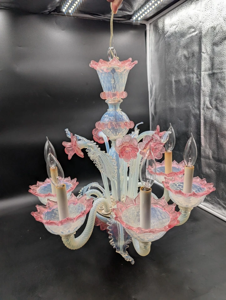 Vintage Floral Murano Art Glass Chandelier 6 Arm White Opaque Pink Venetian  - Image 3 of 4