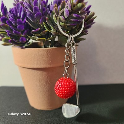 Golf Keychain Novelty Red Golf Ball and Silver Club Bag Charm Keyring NWOT