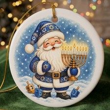 Santa with Menorah Ceramic Ornament  Hanukkah Christmas Ornament