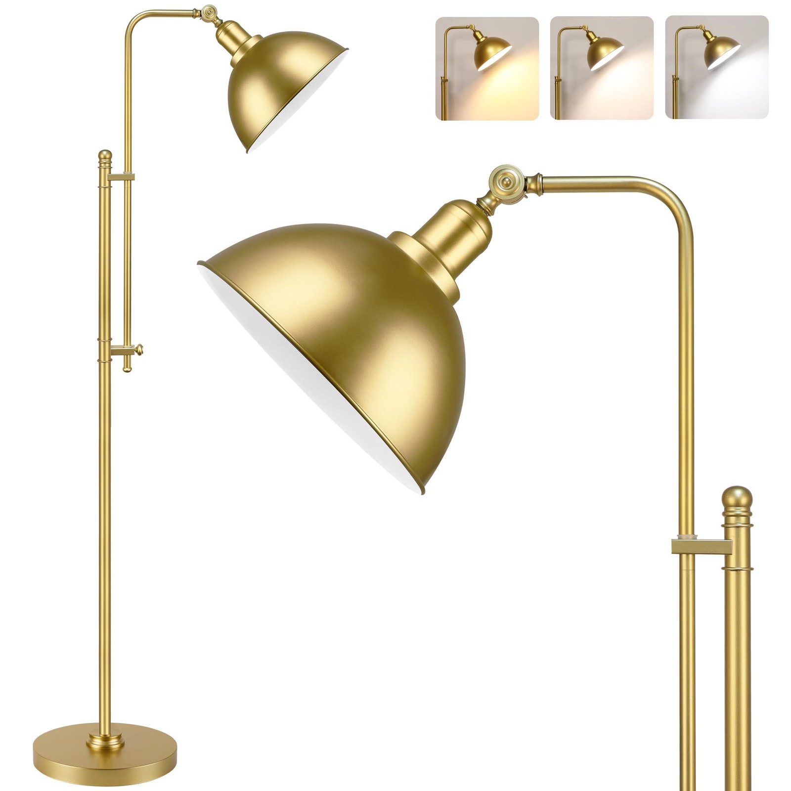 Industrial Floor Lamp Adjustable, Rustic Farmhouse Reading Lamp in Aged Gold ...