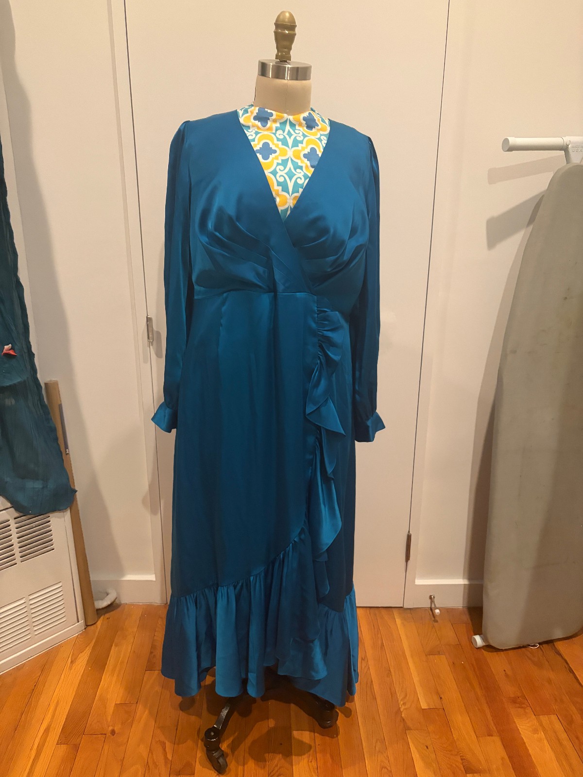 Cerulean satin evening dress long sleeve faux-wrap with ruffle skirt Plus size