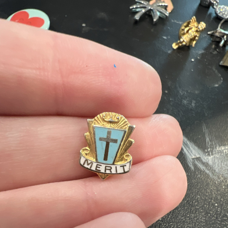 MERIT Religious Cross Lapel Pinback Pin Gold Tone Blue Enamel