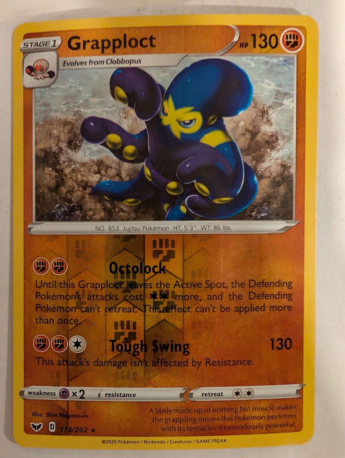 Grapploct 113/202 Sword & Shield Base Pokemon Reverse Holo Foil Nice!