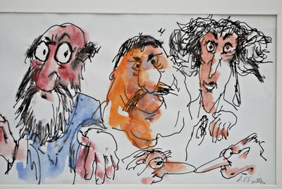 ''Five Faces'' Robert C. Smith, Watercolor and Ink, 8''x5'' matted 12''x14''
