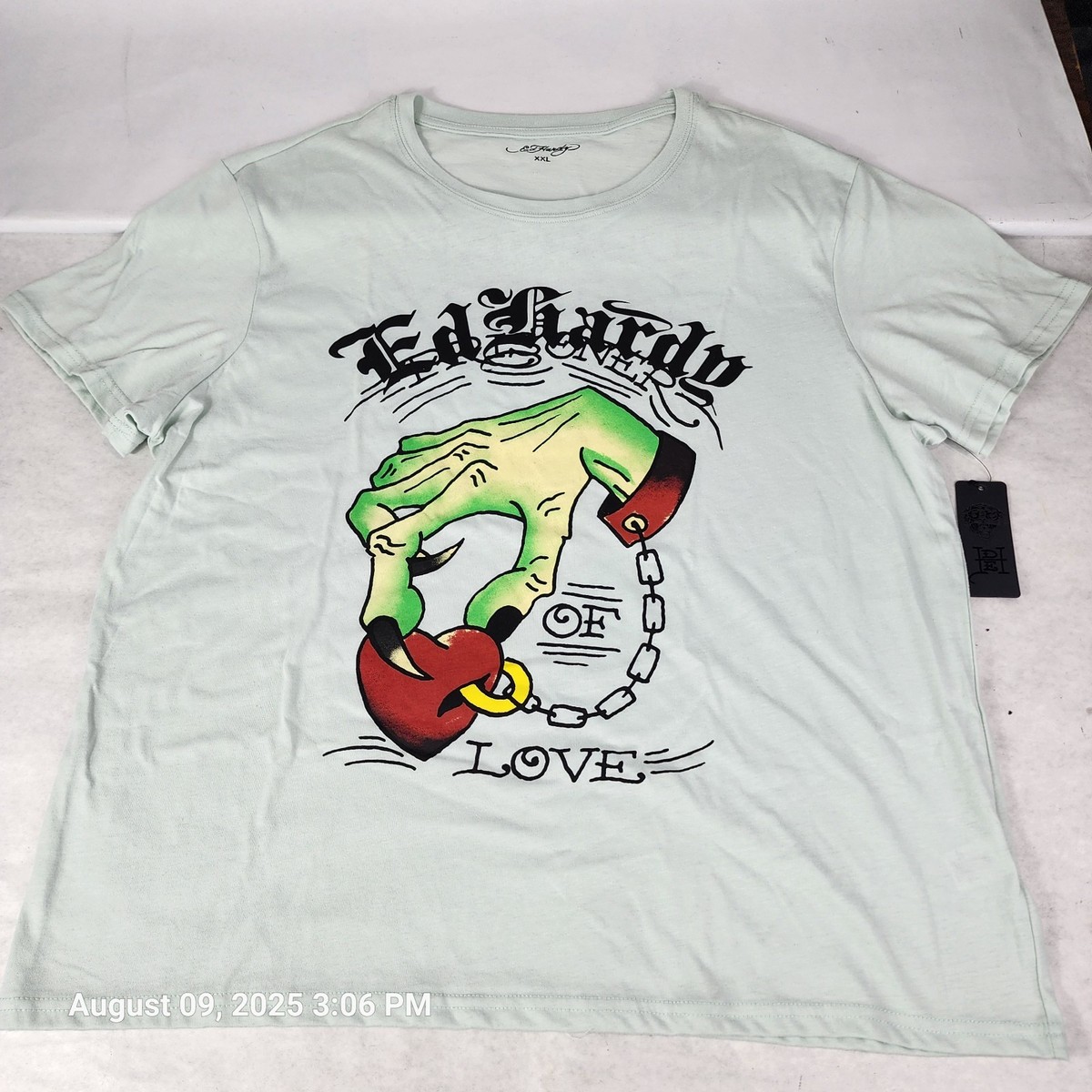 Ed Hardy Heart Hand T-Shirt Men's XXL Tee Love Artic Blue Heart