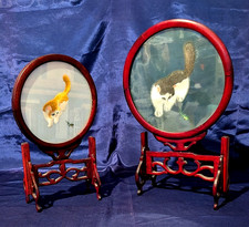 2 vintage Chinese Wood Framed Silk Screen Embroidery Cat with Praying mantis.