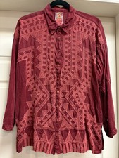 Johnny Was Tunic Deep Red Embroidered Button Up Roll Tab Sleeves Collar Sz S